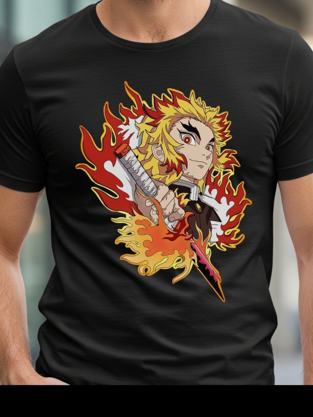 Black Graphic Men’s T-Shirt with Kyojuro Rengoku Flame Anime Design